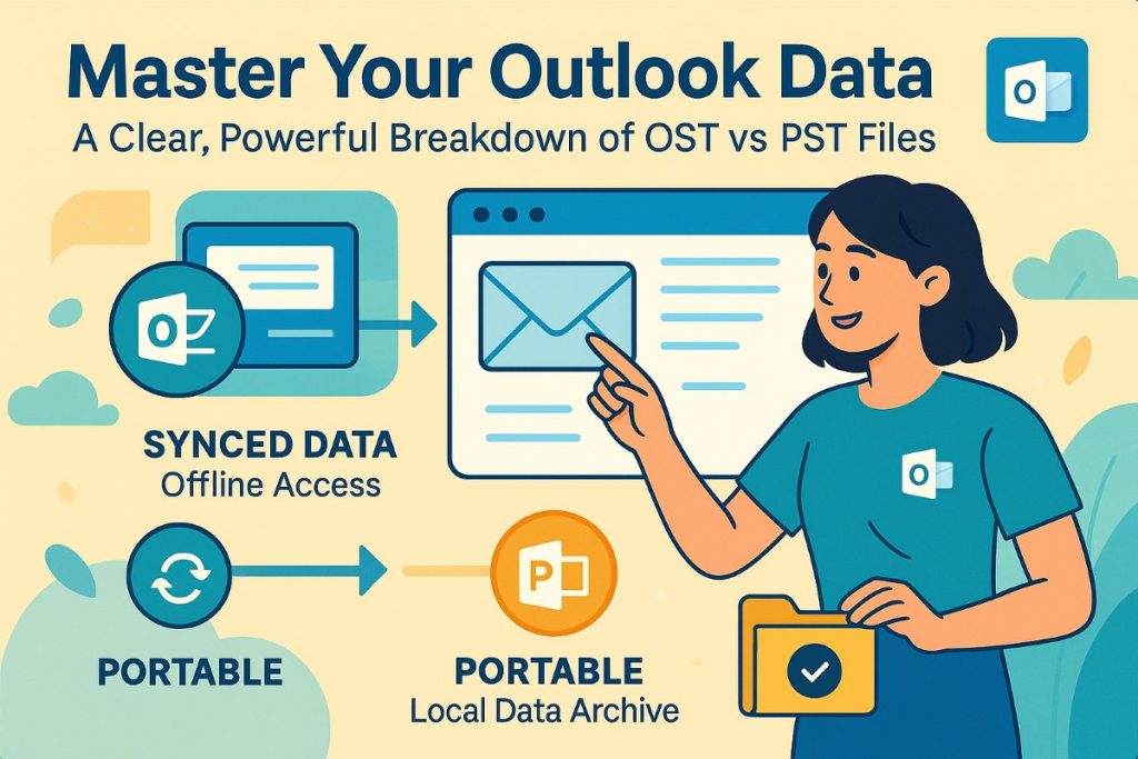 Infographic explaining OST to PST conversion with Outlook icons, workflow visuals, and an active user organizing mailbox data.