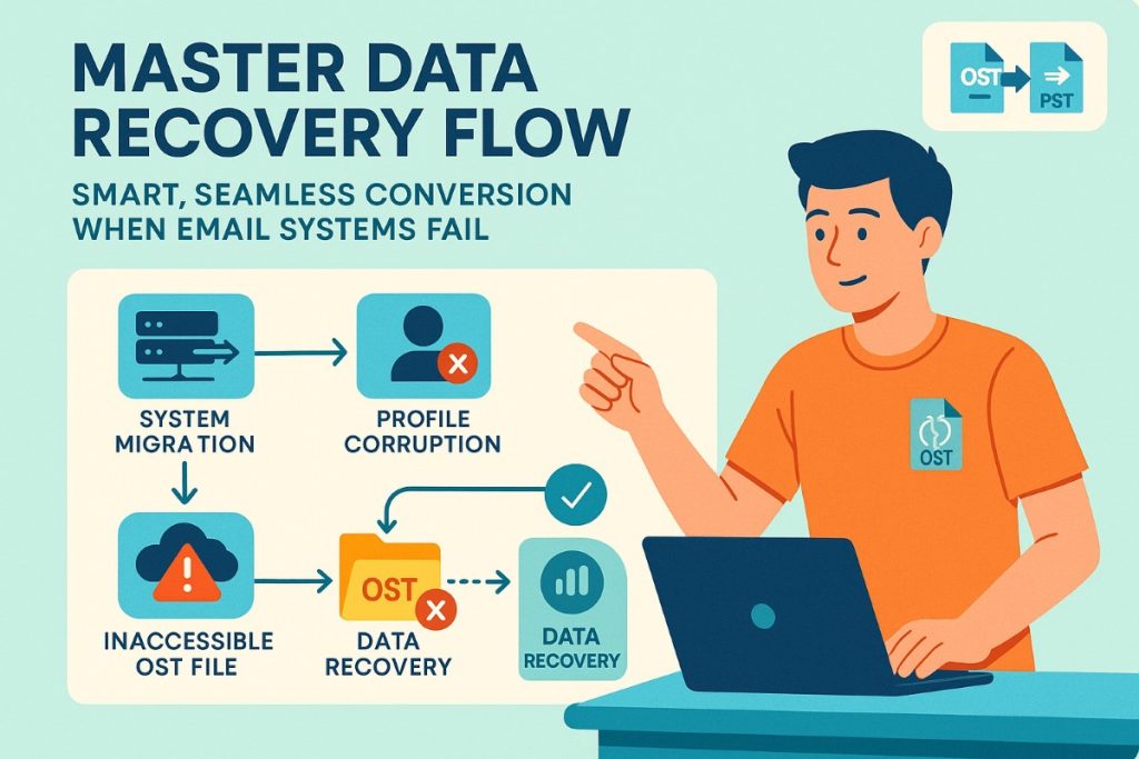 Infographic explaining OST to PST conversion scenarios including system migration, profile corruption, and data recovery