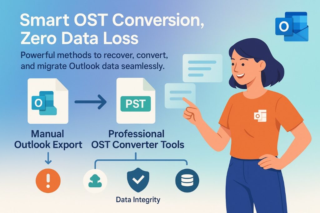 Infographic showing OST to PST conversion methods, including manual Outlook export and professional conversion tools, with workflow icons and an active user illustration.