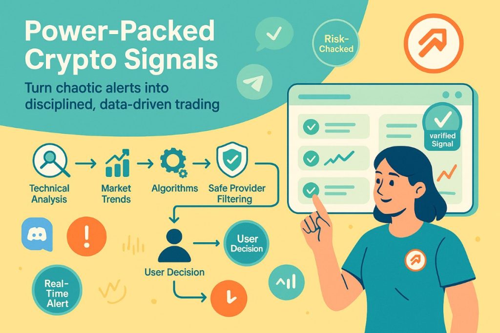 Infographic showing safe trading crypto signals workflow with an active user filtering verified alerts.