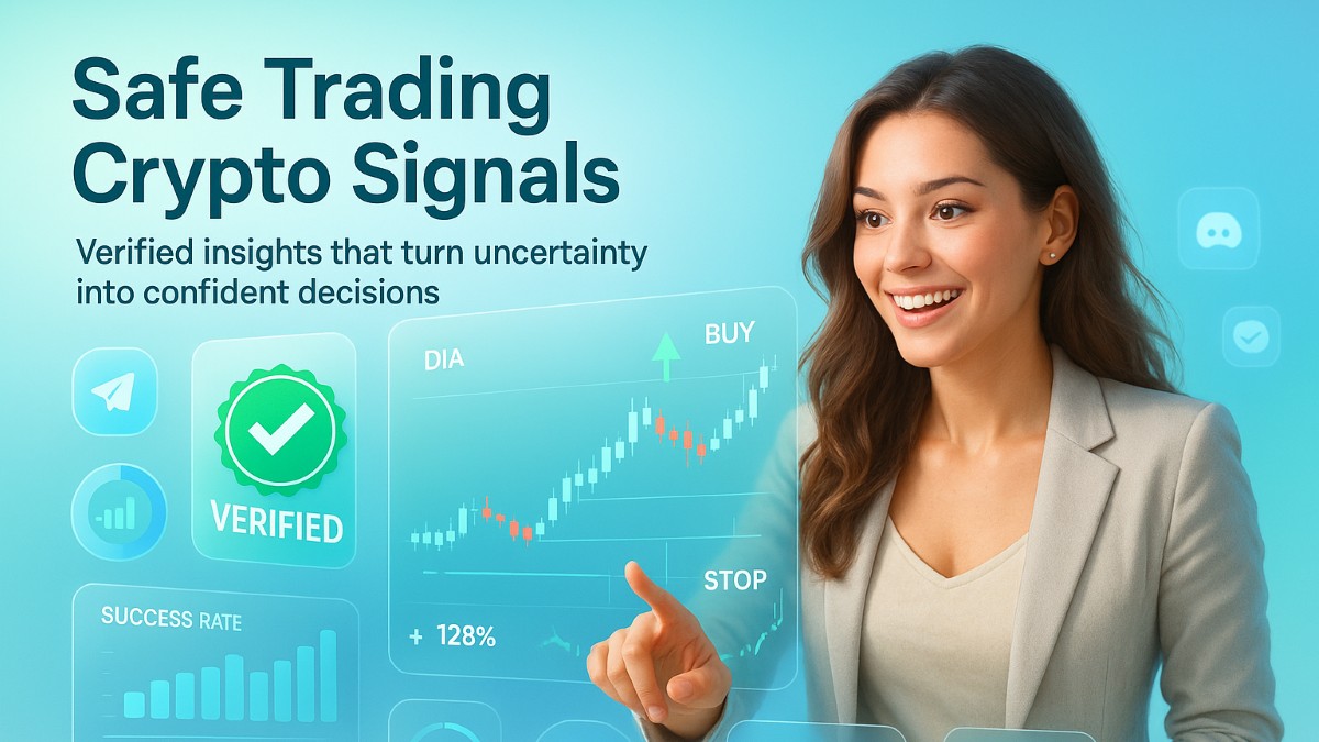 Ultra-realistic illustration of safe trading with a confident user analyzing verified crypto signals, holographic charts, and security badges.
