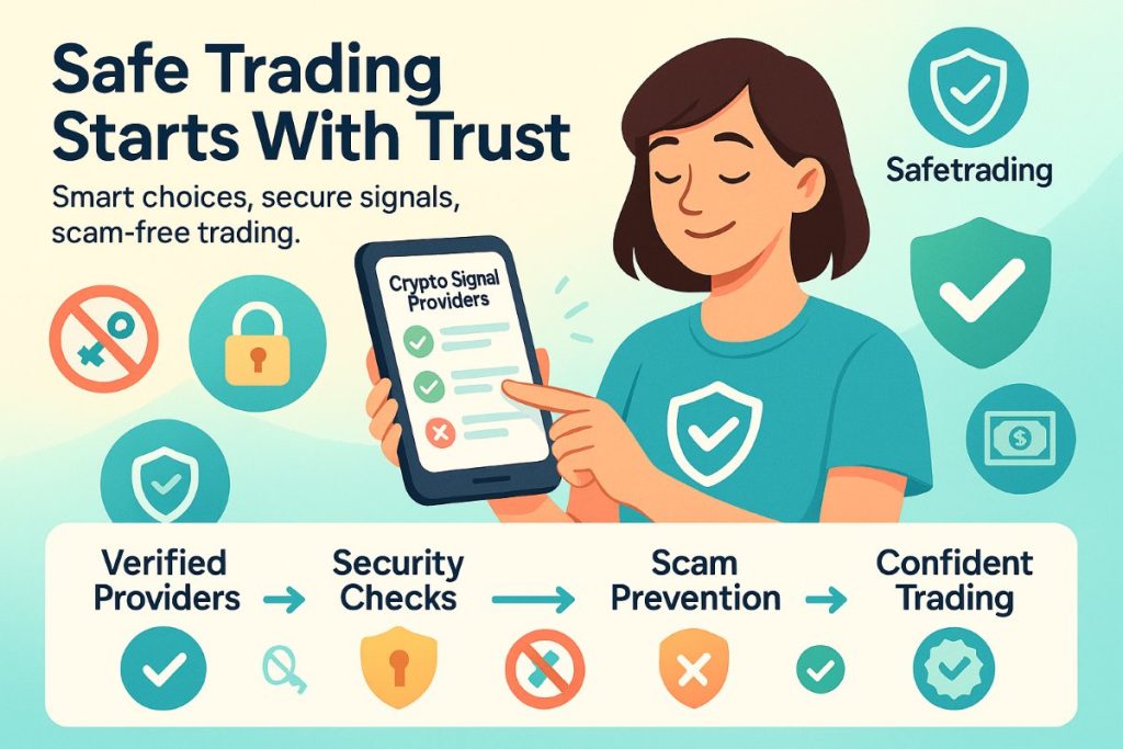 Infographic showing safe trading practices with a user reviewing verified signal providers, highlighting security, trust, and scam-free trading.