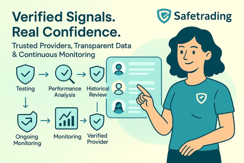 Infographic showing the Safe Trading verification process with an active user reviewing trusted signal providers, workflow icons, and Safetrading logo.