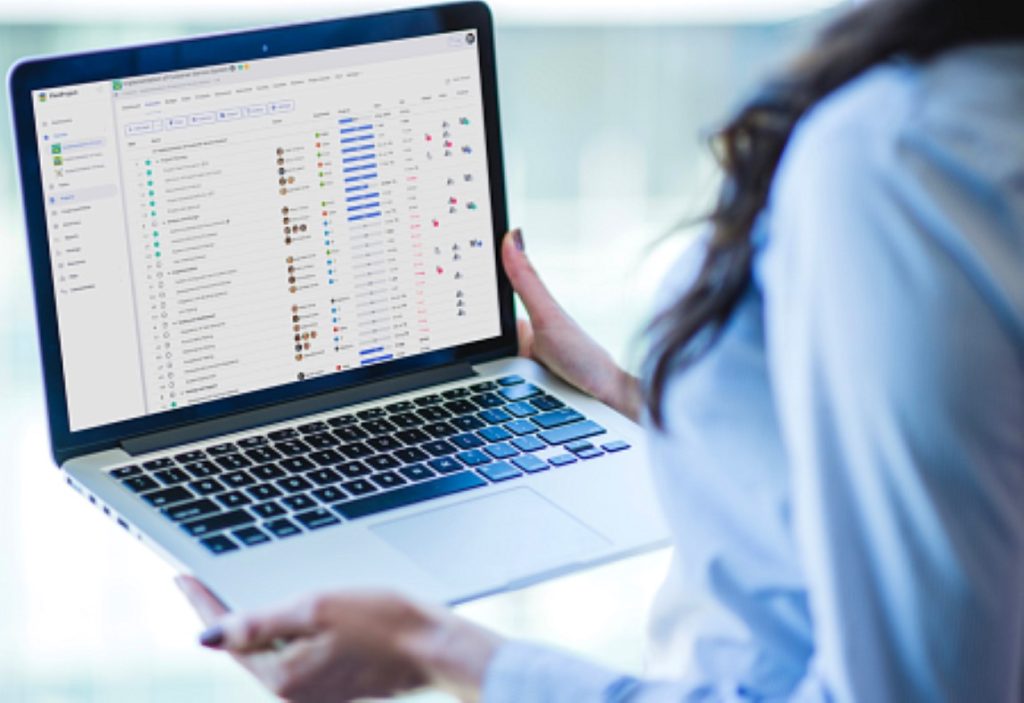 Infographic showing SME growth through strategic project management, featuring scalable workflows, milestones, market expansion, and a professional actively managing projects.