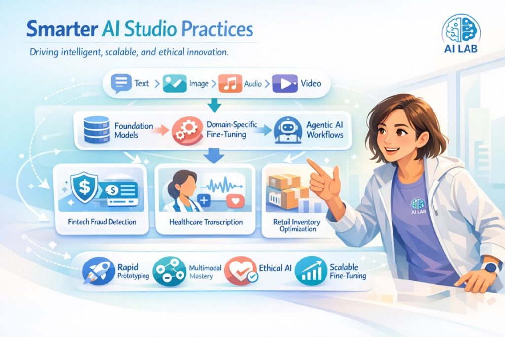 AI development studio infographic showing agentic workflows, multimodal AI processing, and scalable enterprise practices
