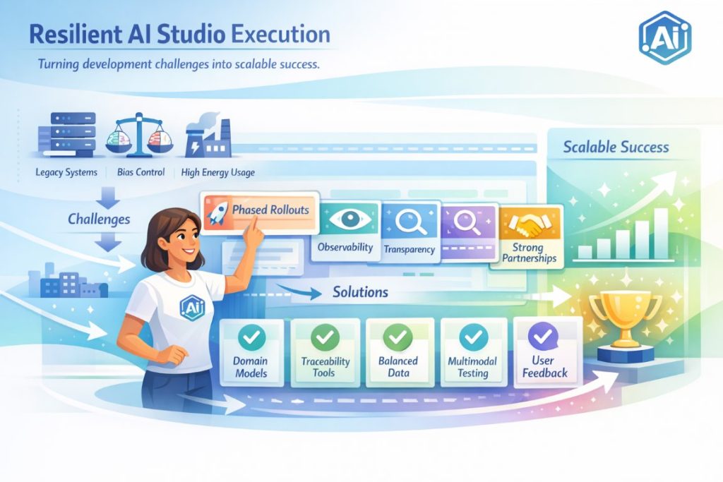 AI development studio infographic showing how teams overcome integration, governance, and scalability challenges
