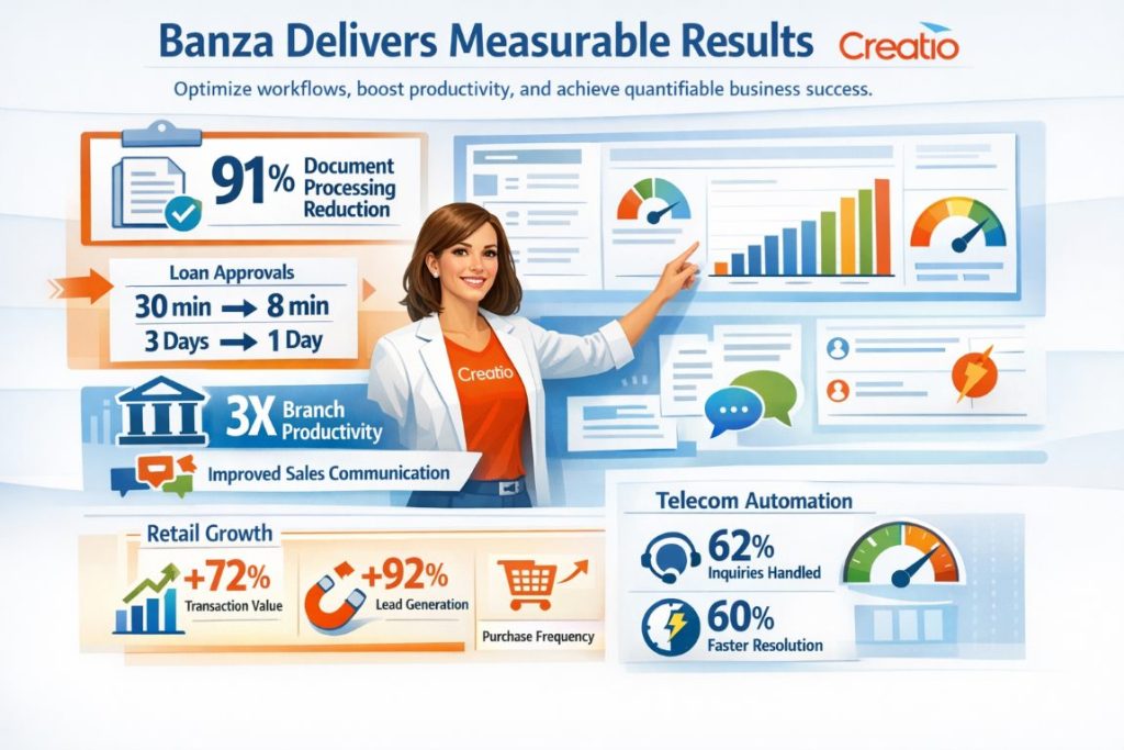 Infographic showing measurable outcomes of digital transformation and business automation by Banza, including productivity, workflow optimization, and KPI improvements