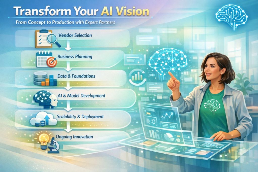 Infographic showing the AI application development journey from concept to production, highlighting expert partners, workflow, planning, data foundations, technical expertise, and scalable deployment
