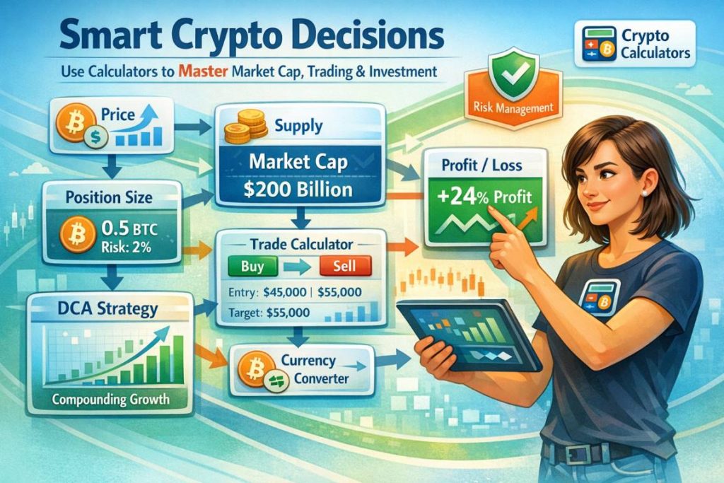 Infographic showing crypto calculator workflow with market cap, trading, profit-loss, and DCA compounding calculations, featuring an active user analyzing data