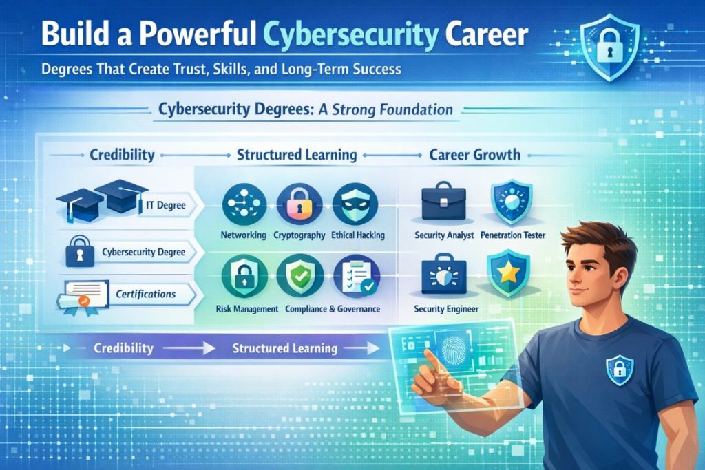 Cybersecurity career infographic showing degrees as a strong foundation with core cybersecurity skills and career growth paths

