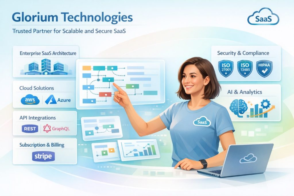 Infographic highlighting Glorium Technologies SaaS development expertise with scalable architecture, security compliance, cloud solutions, and AI-powered platforms