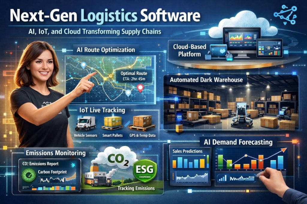 Infographic showing the evolution of logistics software in 2026 with AI-driven route planning, IoT sensors, cloud-native platforms, and dark warehousing