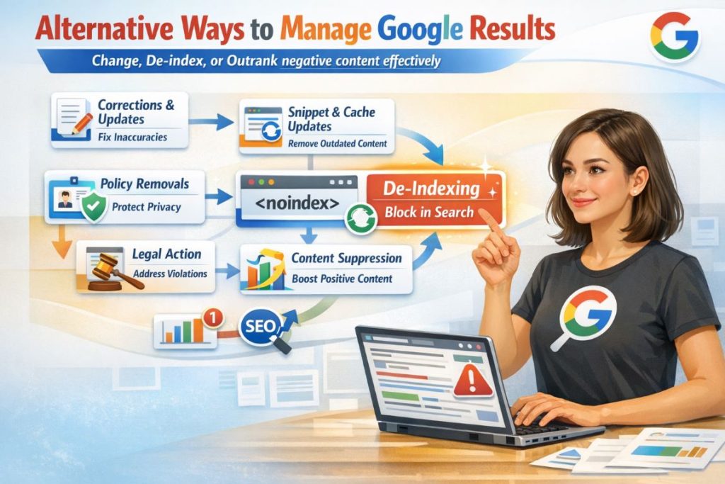 Infographic showing alternative ways to remove an article from Google including corrections, de-indexing, outdated content removal, and suppression strategies
