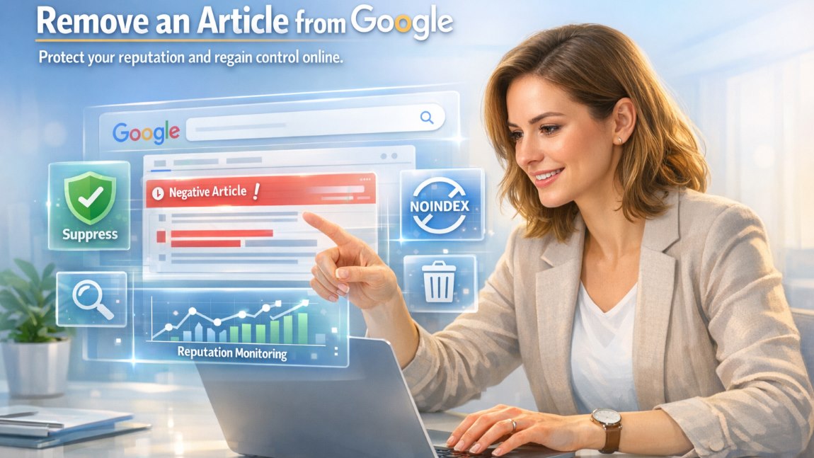 A professional actively managing online reputation to remove an article from Google, with holographic interface and digital monitoring icons.