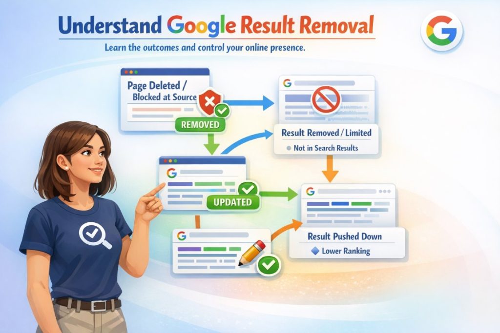 Infographic showing the workflow of removing an article from Google, including deletion, snippet updates, suppression, and monitoring steps with an active professional user.
