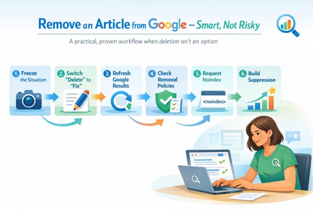 Infographic showing a practical playbook to remove an article from Google when the publisher refuses deletion, including fixing content, de-indexing, and suppression steps
