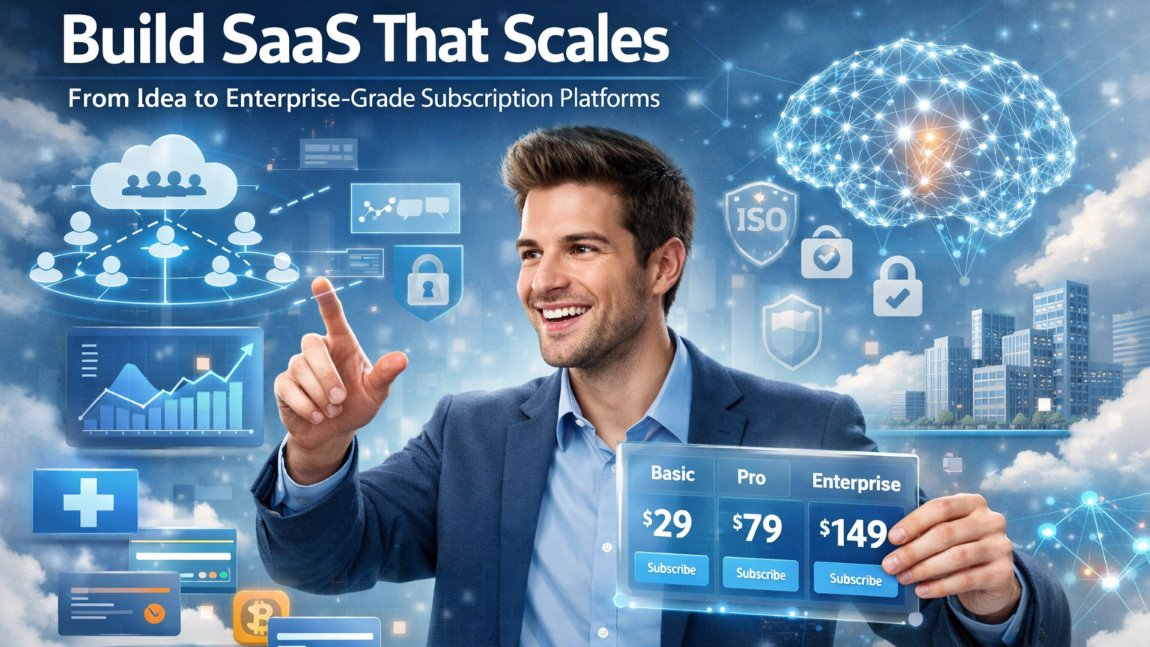 Smart professional interacting with a cloud-based SaaS development dashboard with analytics, security, and multi-tenant features