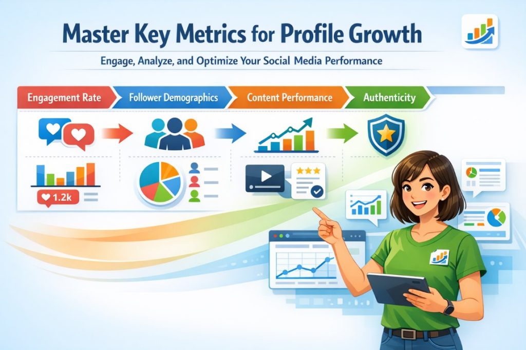 Infographic showing key metrics for tracking profile growth, including engagement rate, follower demographics, content performance, and authenticity, with an active user analyzing data