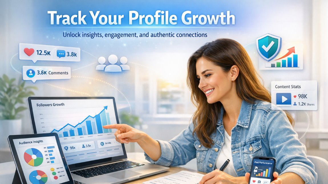 A smart user actively tracking social media growth with analytics dashboards, charts, and engagement metrics for effective profile growth