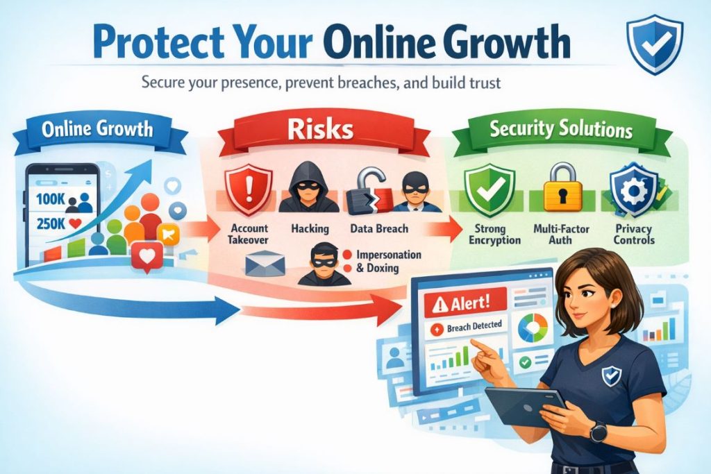 Infographic showing risks and security measures for tracking social media growth, including account takeovers, hacking, data breaches, and preventive strategies with an active user analyzing dashboards