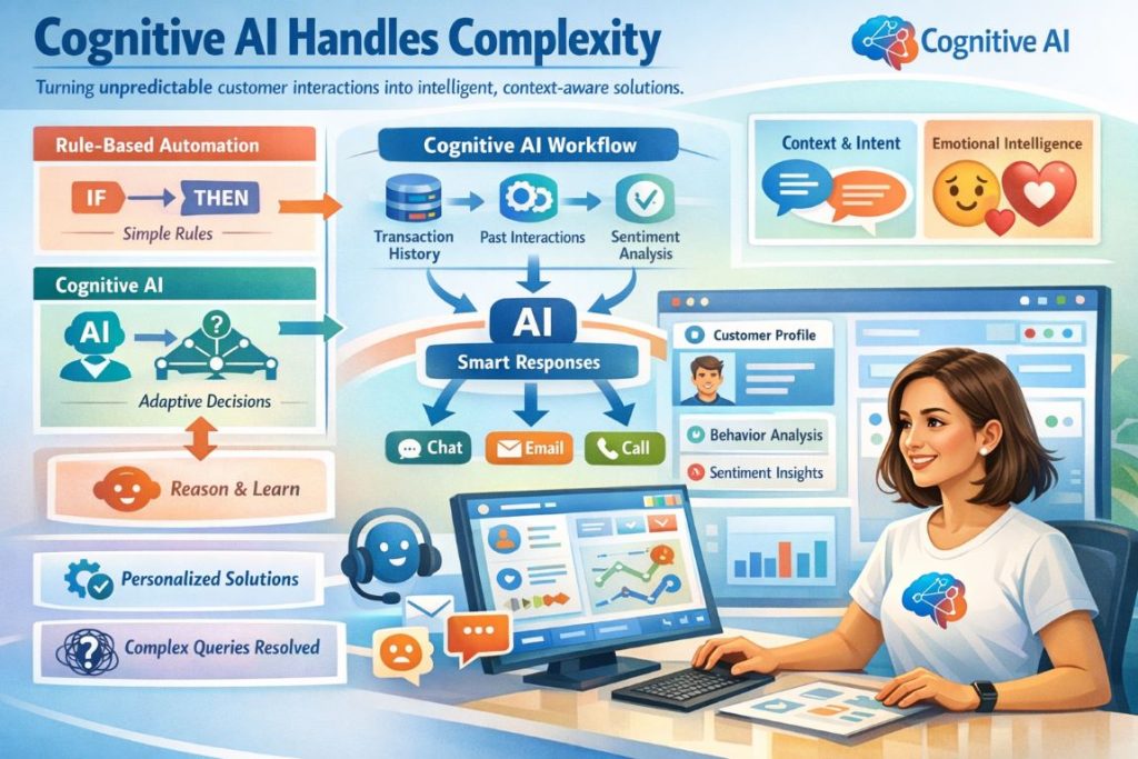 Infographic illustrating Cognitive AI in AI transforming customer service, showing intelligent decision-making, contextual understanding, and handling complex customer inquiries