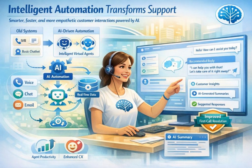 Infographic showing intelligent automation in AI transforming customer service with virtual agents, CRM integration, and improved agent productivity