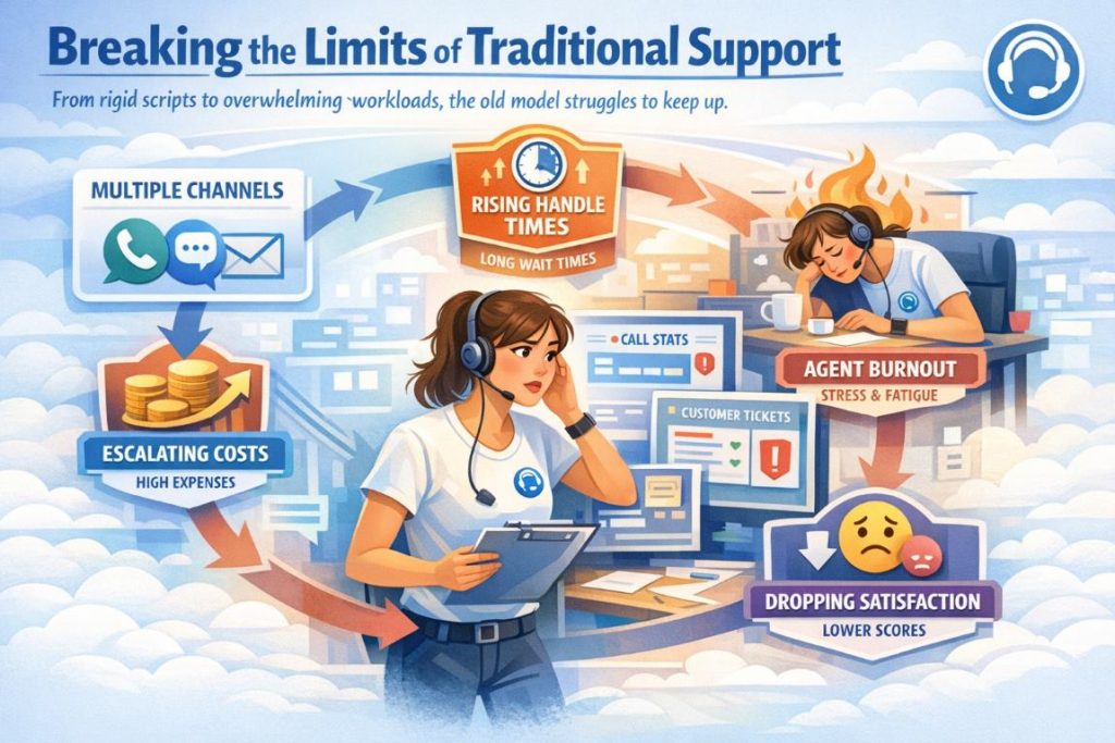 Infographic showing the challenges of the old customer service model with rising handle times, agent burnout, and workflow limitations in AI transforming customer service