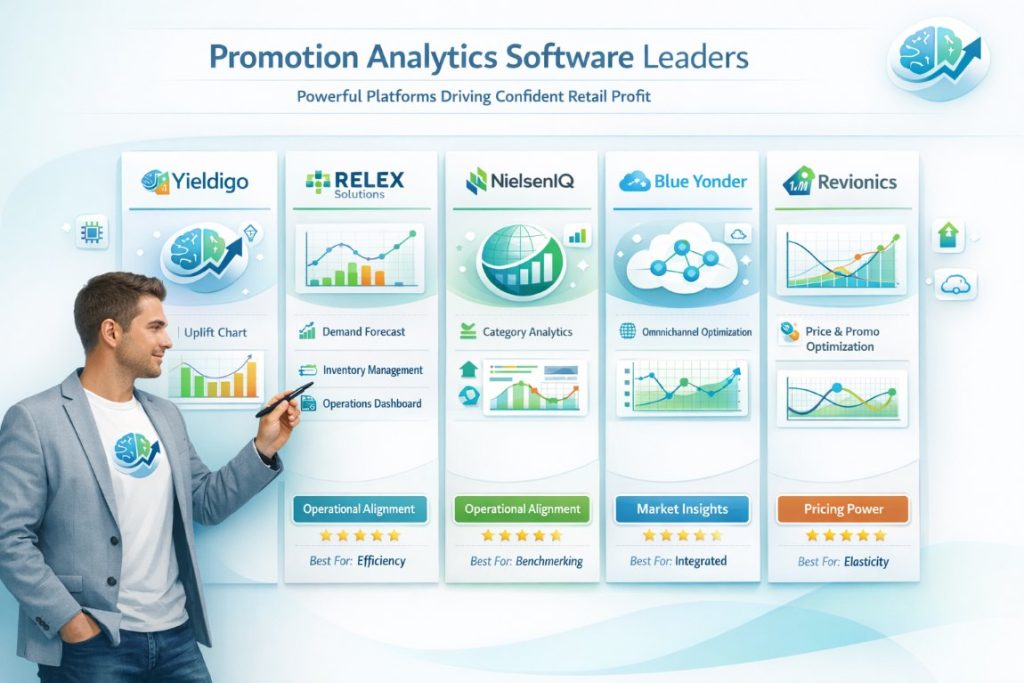 Infographic comparing Best Promotion Analytics Software for 2026 including Yieldigo, RELEX Solutions, NielsenIQ, Blue Yonder, and Revionics with key strengths and ratings.