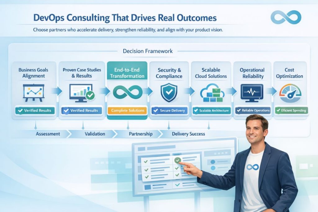 DevOps consulting comparison infographic showing how product managers evaluate vendors based on delivery speed, security integration, scalability, and operational reliability.