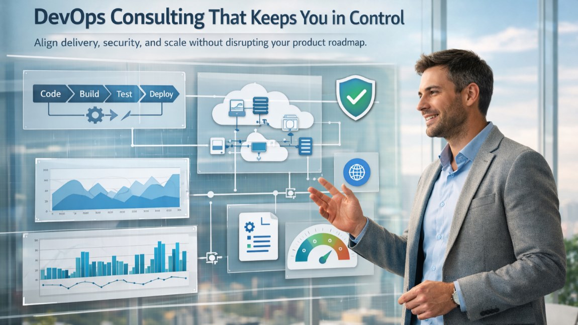 DevOps consulting workflow showing a product manager reviewing CI/CD pipelines, cloud infrastructure, and security integration to ensure reliable software delivery.