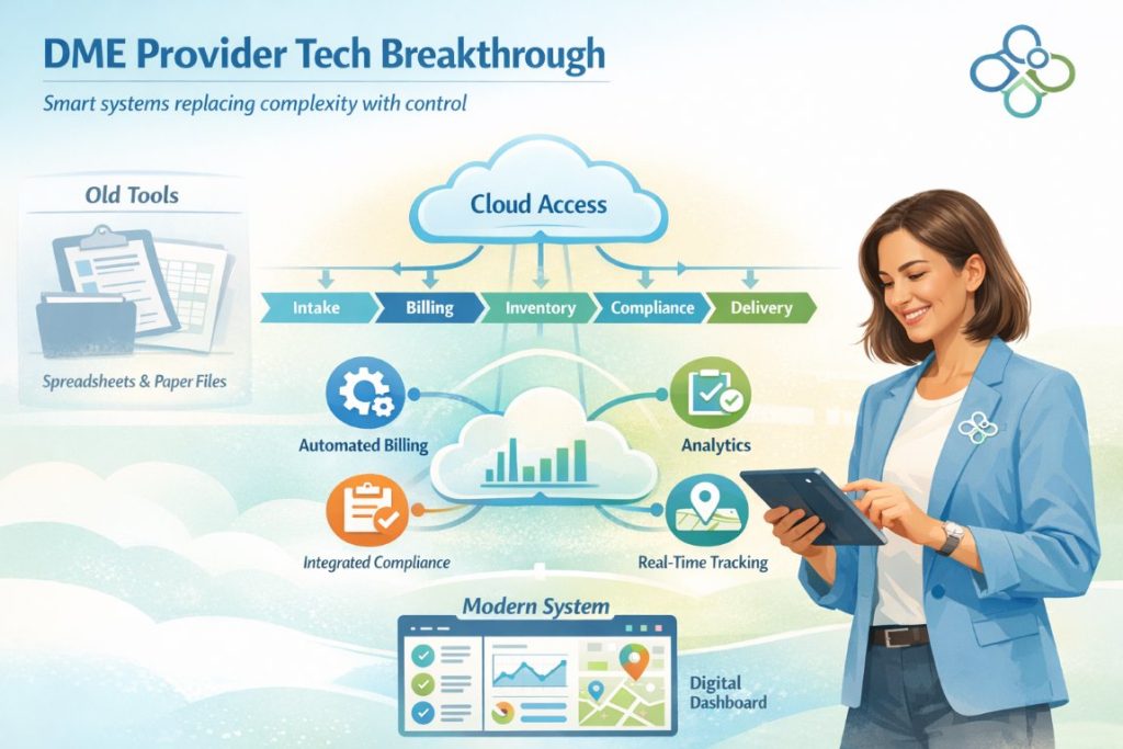 Infographic showing a DME provider using cloud-based software for billing automation, inventory tracking, and compliance management