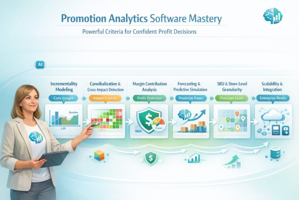 Infographic explaining how Promotion Analytics Software is evaluated using incrementality modeling, cannibalization detection, margin analysis, forecasting, SKU granularity, and data integration.