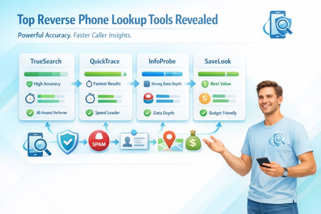 Infographic comparing reverse phone lookup for business tools showing accuracy, speed, caller verification, and fraud prevention features
