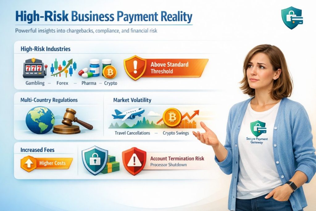 Infographic explaining high-risk business classification and secure payment gateway challenges like chargebacks and compliance