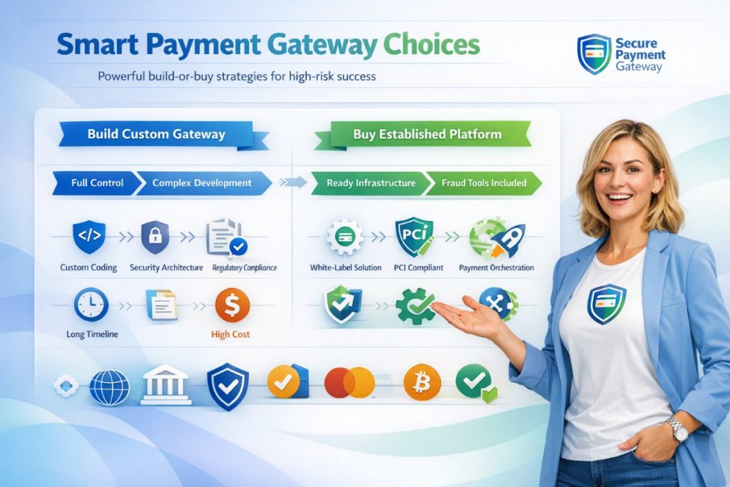 Infographic showing build vs buy decision for a secure payment gateway in high-risk payment processing