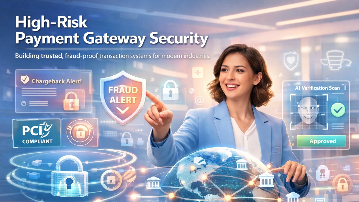 Ultra-realistic scene of a secure payment gateway system with AI fraud protection for high-risk businesses in 2026