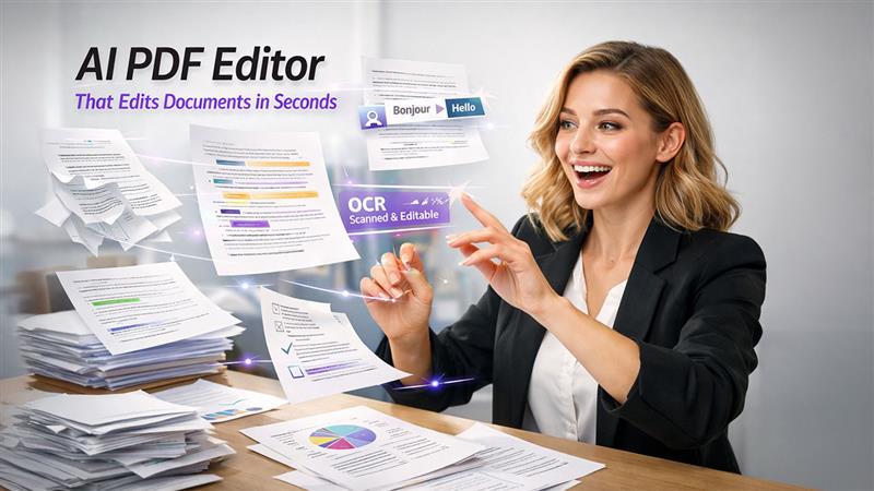 AI PDF Editor interface using smart tools for automated document editing and OCR text recognition