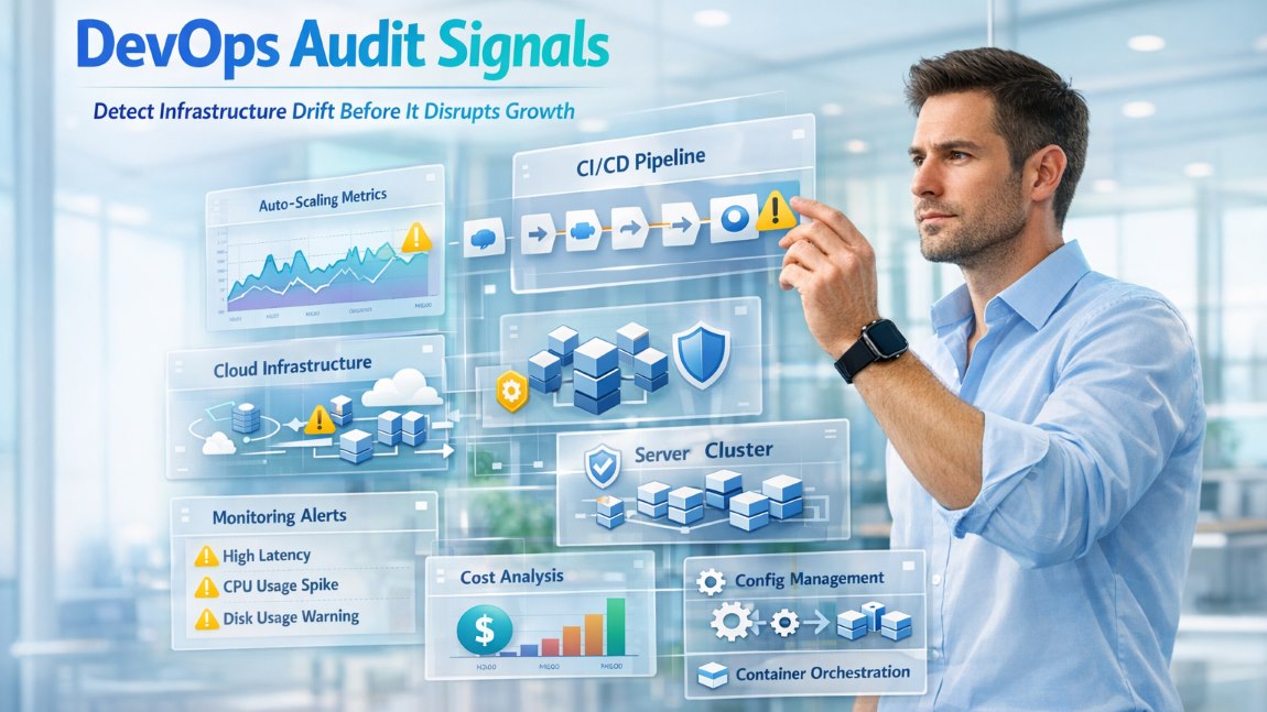 DevOps Audit dashboard showing infrastructure warning signals, CI/CD pipeline alerts, auto-scaling graphs, and cloud monitoring analysis by an active DevOps engineer.