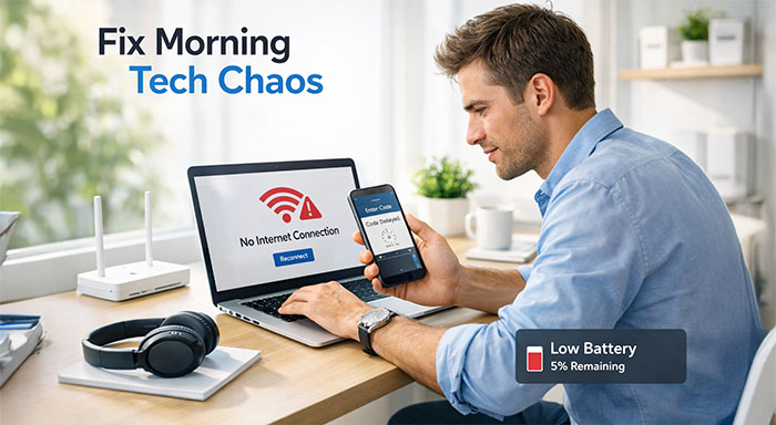 Person troubleshooting common tech problems with laptop internet connection error and low battery warning on devices