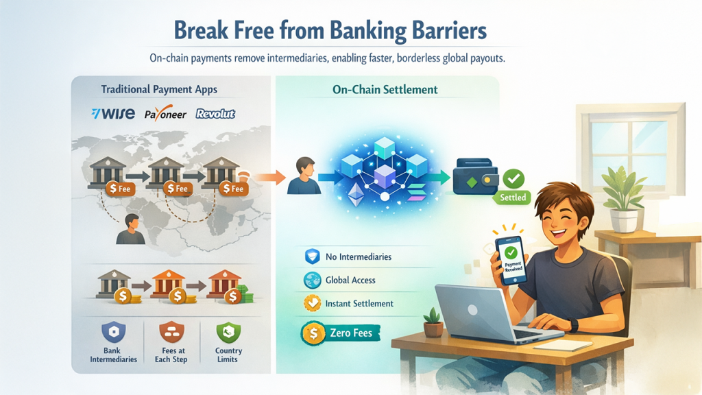 Freelance platforms comparing on-chain payments with traditional payment apps