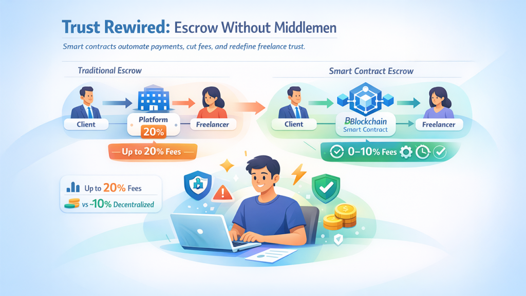 Freelance platforms using smart contracts for automated escrow payments on blockchain
