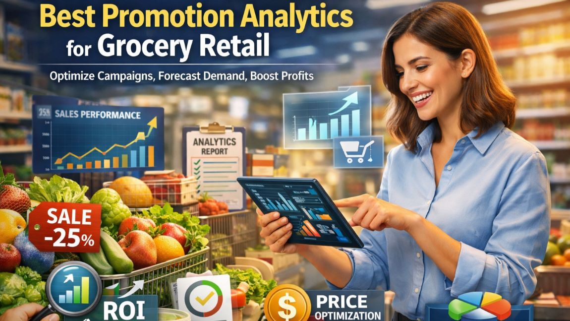 AI-powered analytics dashboard used in a modern grocery retail store for sales and promotion insights