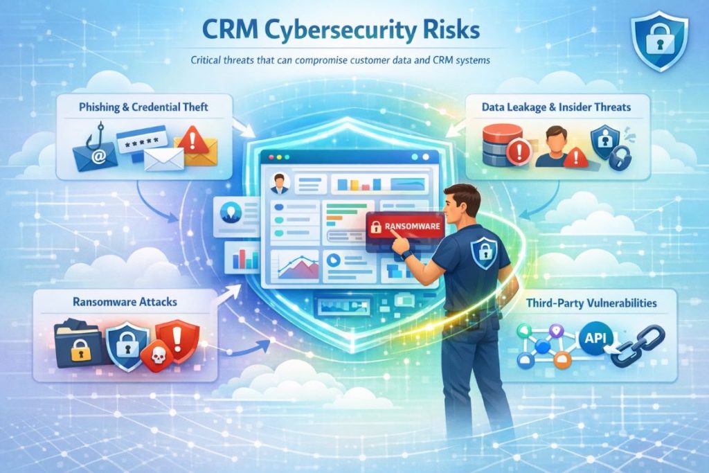 Managed cybersecurity infographic showing key CRM cybersecurity risks like phishing, data leakage, ransomware attacks, and third-party vulnerabilities.