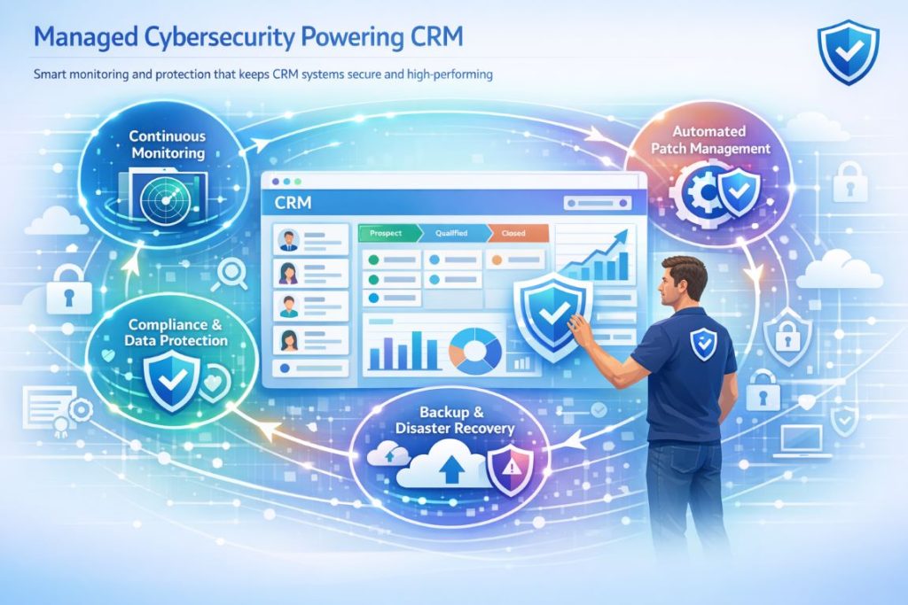 Managed cybersecurity improving CRM performance with monitoring, automated updates, backup recovery, and threat detection.