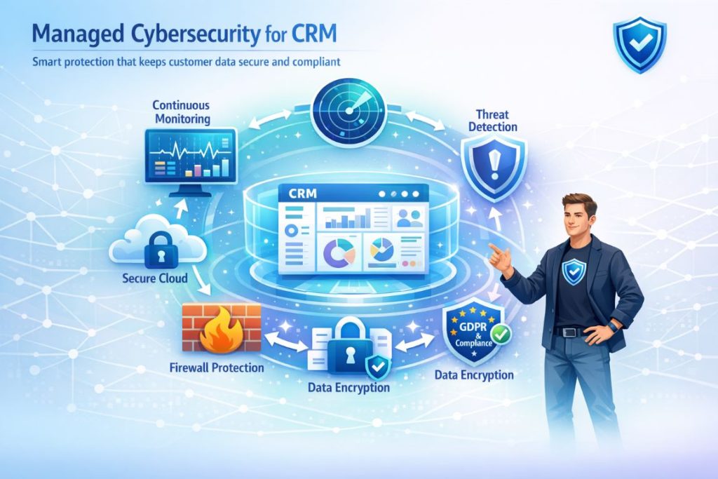 Managed cybersecurity infographic showing CRM protection with threat monitoring, encryption, incident response, and compliance management.