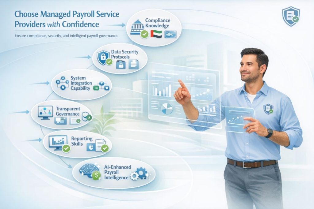 Infographic showing key factors to consider when selecting managed payroll service providers in UAE including compliance, WPS, data security, system integration, and AI-driven payroll reporting.