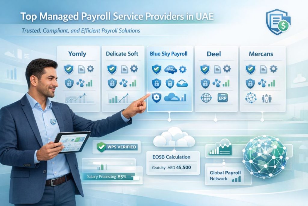 Infographic comparing top managed payroll service providers in UAE highlighting WPS compliance, payroll automation, HRIS integration, and secure salary processing.
