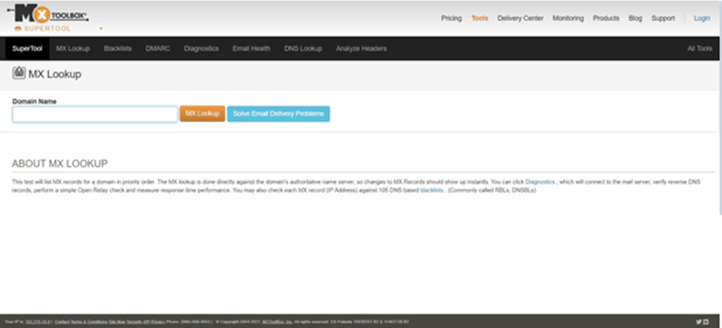 MxToolbox email marketing services tool showing domain health check, SPF, DKIM and DMARC diagnostics