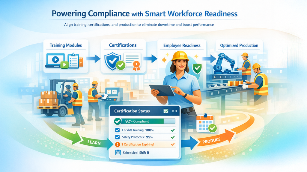 BOM and LMS systems supporting compliance readiness and workforce training alignment in manufacturing