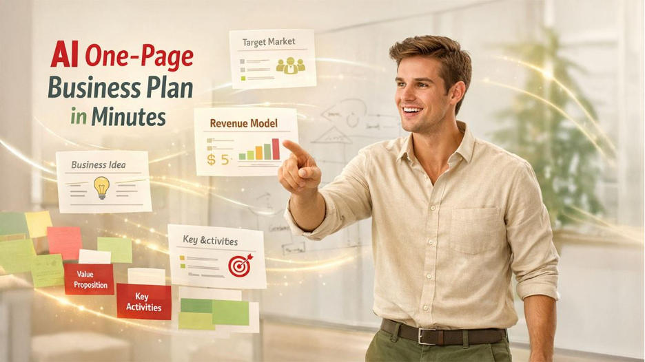 One‑Page Business Plan created with AI showing strategy, goals, and key business elements
